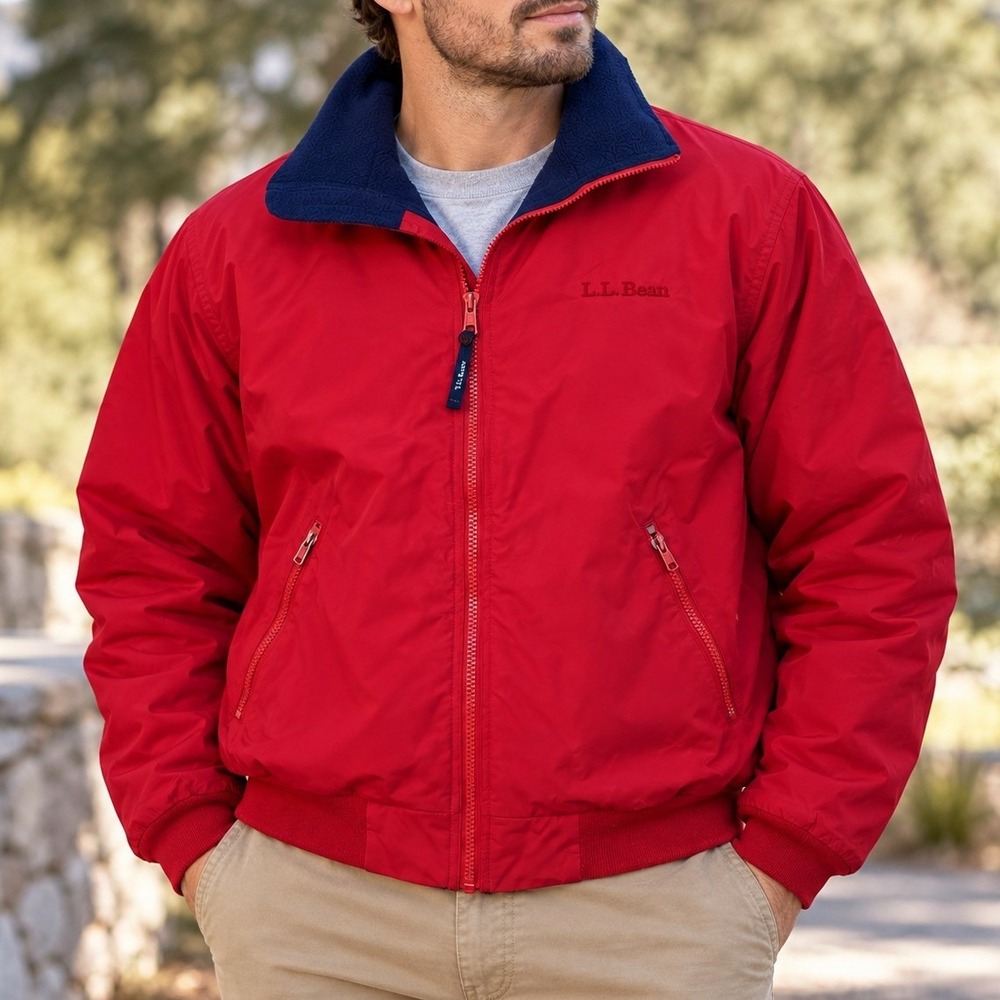 Vintage LL Bean Red & Blue Warm Up Bomber Jacket Fleece Lined Men's Size L